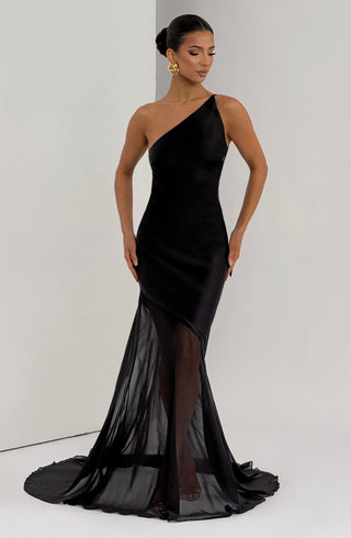 M.T Fable Gown Textured Satin Chiffon One-Shoulder Black