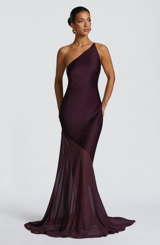 M.T Fable Gown One-Shoulder Textured Satin Chiffon Plum
