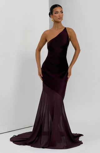M.T Fable Gown One-Shoulder Textured Satin Chiffon Plum