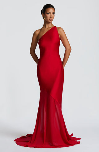 M.T Fable Gown Bias-Cut One-Shoulder Textured Satin Red