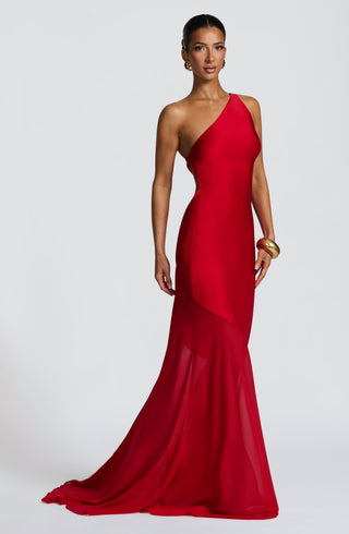 M.T Fable Gown Bias-Cut One-Shoulder Textured Satin Red