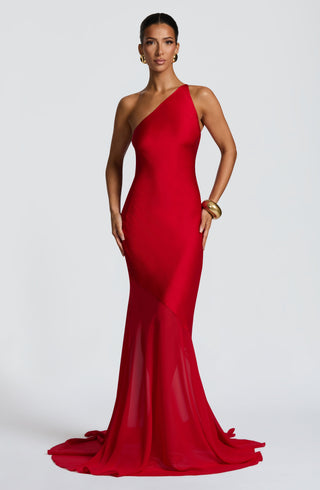 M.T Fable Gown Bias-Cut One-Shoulder Textured Satin Red