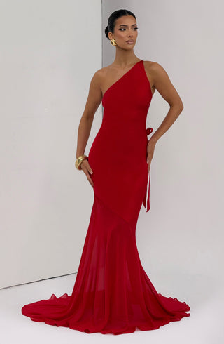M.T Fable Gown Bias-Cut One-Shoulder Textured Satin Red