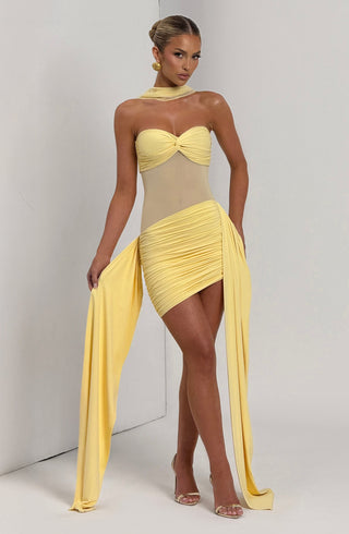 DIA Fiorella Mini Dress Stretch Jersey Sheer Mesh Lemon