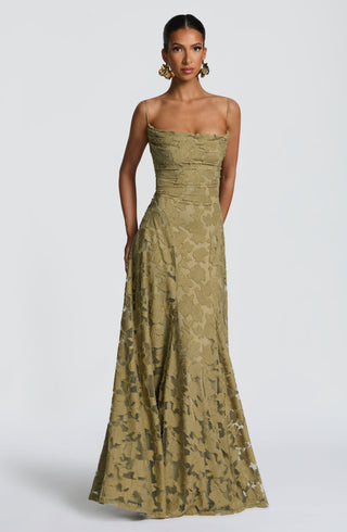 L.F Francis Maxi Dress Floral Burnout Jersey Cowl Neck Sage