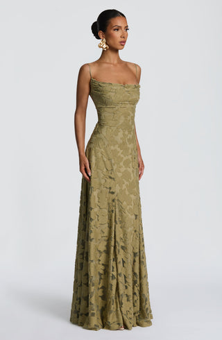 L.F Francis Maxi Dress Floral Burnout Jersey Cowl Neck Sage