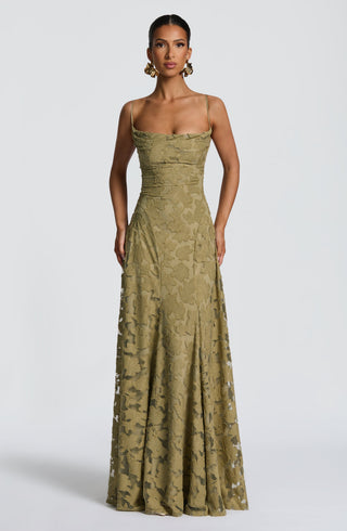 L.F Francis Maxi Dress Floral Burnout Jersey Cowl Neck Sage