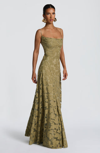L.F Francis Maxi Dress Floral Burnout Jersey Cowl Neck Sage