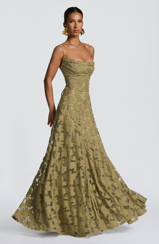 L.F Francis Maxi Dress Floral Burnout Jersey Cowl Neck Sage
