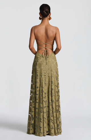 L.F Francis Maxi Dress Floral Burnout Jersey Cowl Neck Sage