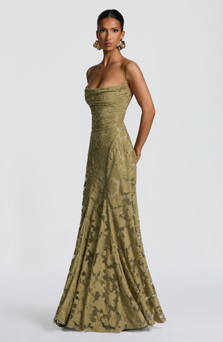 L.F Francis Maxi Dress Floral Burnout Jersey Cowl Neck Sage