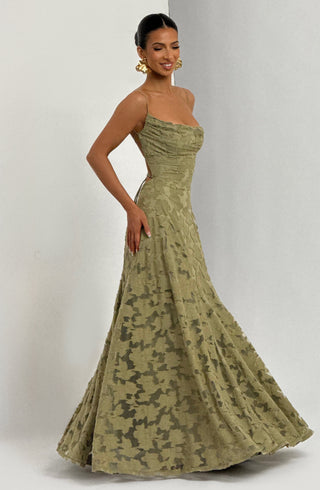 L.F Francis Maxi Dress Floral Burnout Jersey Cowl Neck Sage