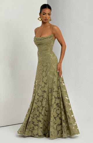 L.F Francis Maxi Dress Floral Burnout Jersey Cowl Neck Sage