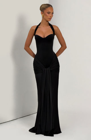 R.F Gia Maxi Dress Corseted Slinky Jersey Strapless Black