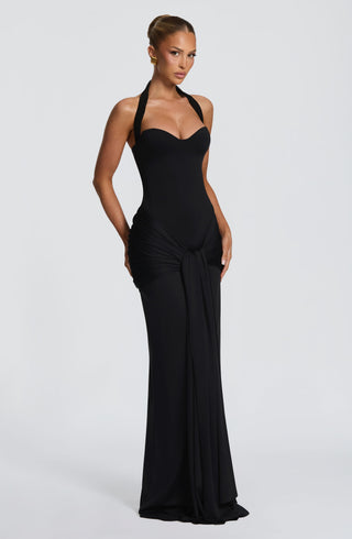 R.F Gia Maxi Dress Corseted Slinky Jersey Strapless Black