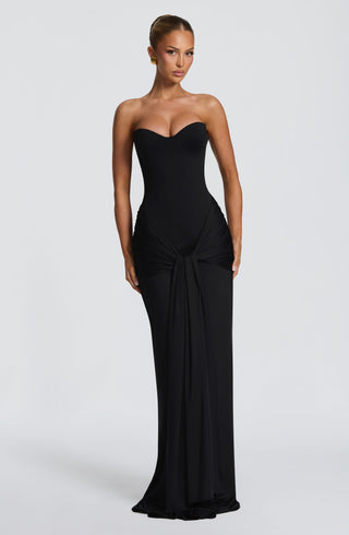 R.F Gia Maxi Dress Corseted Slinky Jersey Strapless Black