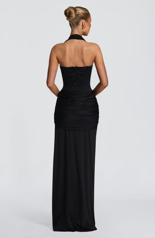 R.F Gia Maxi Dress Corseted Slinky Jersey Strapless Black
