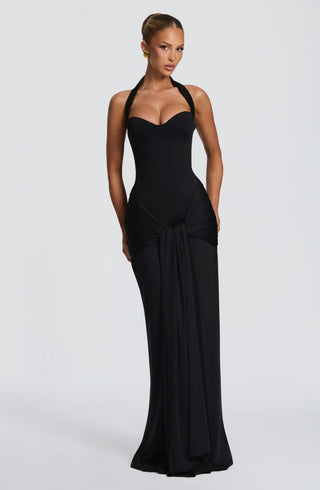 R.F Gia Maxi Dress Corseted Slinky Jersey Strapless Black