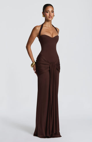 R.F Gia Maxi Dress Strapless Sweetheart Plum Brown