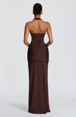 R.F Gia Maxi Dress Strapless Sweetheart Plum Brown