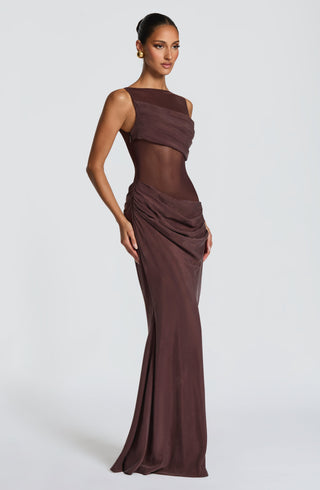 T.X Gracelyn Maxi Dress Cupro Bias-Cut Sheer Mesh Plum Brown