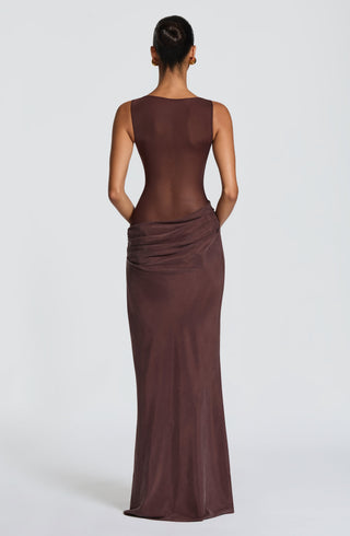 T.X Gracelyn Maxi Dress Cupro Bias-Cut Sheer Mesh Plum Brown