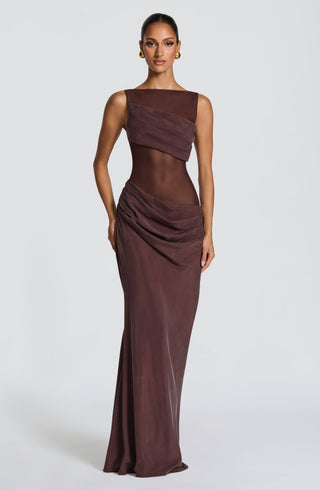 T.X Gracelyn Maxi Dress Cupro Bias-Cut Sheer Mesh Plum Brown