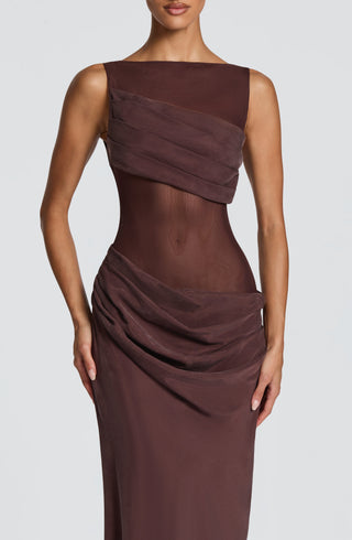 T.X Gracelyn Maxi Dress Cupro Bias-Cut Sheer Mesh Plum Brown