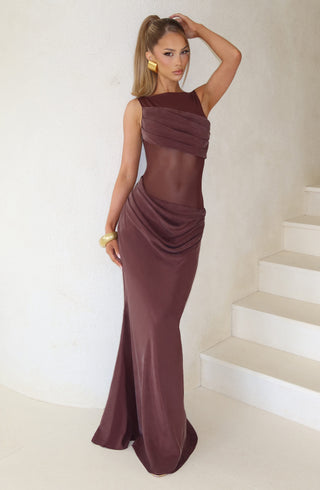 T.X Gracelyn Maxi Dress Cupro Bias-Cut Sheer Mesh Plum Brown