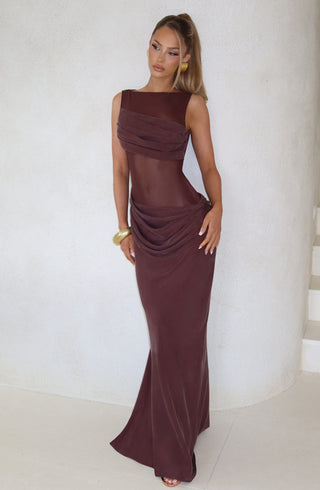 T.X Gracelyn Maxi Dress Cupro Bias-Cut Sheer Mesh Plum Brown