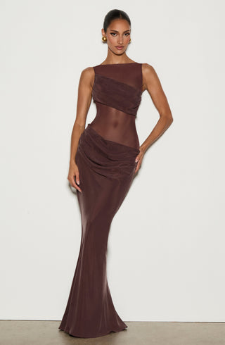 T.X Gracelyn Maxi Dress Cupro Bias-Cut Sheer Mesh Plum Brown