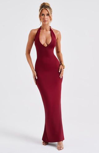 DIA Harmonia Maxi Dress Slinky Jersey Plunge Halter Burgundy