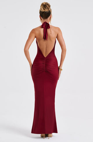 DIA Harmonia Maxi Dress Slinky Jersey Plunge Halter Burgundy