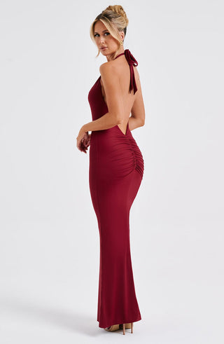 DIA Harmonia Maxi Dress Slinky Jersey Plunge Halter Burgundy