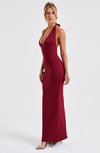 DIA Harmonia Maxi Dress Slinky Jersey Plunge Halter Burgundy