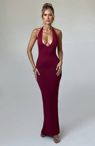 DIA Harmonia Maxi Dress Slinky Jersey Plunge Halter Burgundy