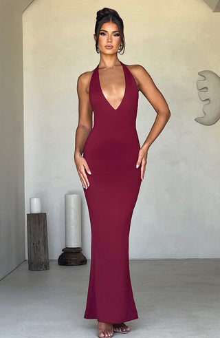 DIA Harmonia Maxi Dress Slinky Jersey Plunge Halter Burgundy