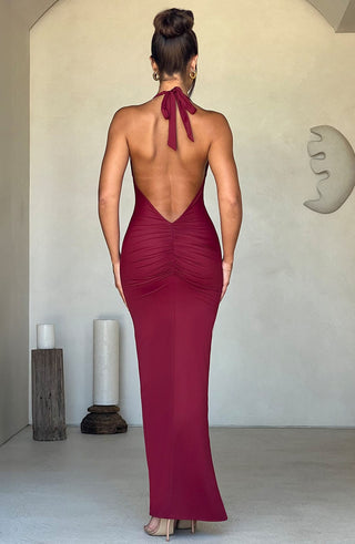 DIA Harmonia Maxi Dress Slinky Jersey Plunge Halter Burgundy