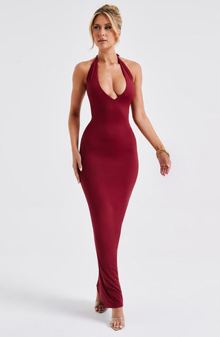 DIA Harmonia Maxi Dress Slinky Jersey Plunge Halter Burgundy