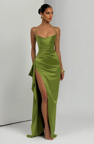 M.T Helen Maxi Dress Stretch Satin Twist Cowl Olive