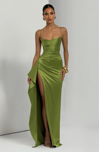 M.T Helen Maxi Dress Stretch Satin Twist Cowl Olive