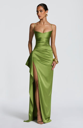 M.T Helen Maxi Dress Stretch Satin Twist Cowl Olive