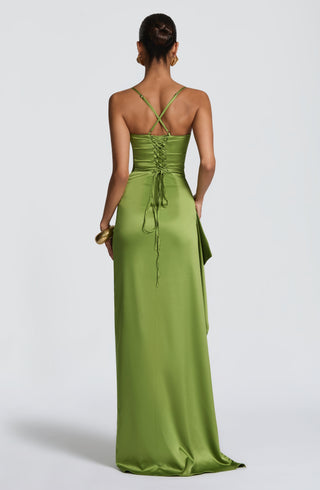 M.T Helen Maxi Dress Stretch Satin Twist Cowl Olive
