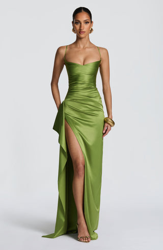 M.T Helen Maxi Dress Stretch Satin Twist Cowl Olive