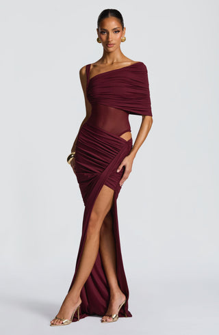DIA Henrietta Maxi Skirt Slinky Jersey Asymmetric Twist Cherry Lacquer