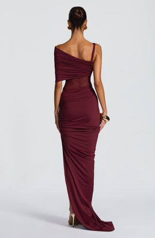 DIA Henrietta Maxi Skirt Slinky Jersey Asymmetric Twist Cherry Lacquer