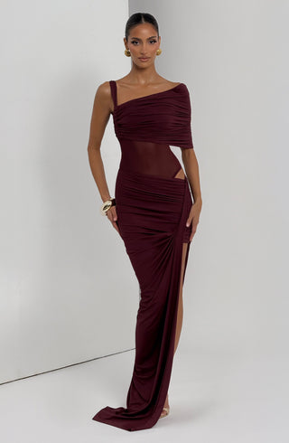 DIA Henrietta Maxi Skirt Slinky Jersey Asymmetric Twist Cherry Lacquer