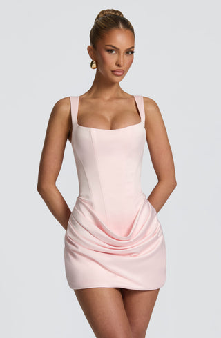 M.T Imogen Mini Dress Corseted Bodice Satin Blush