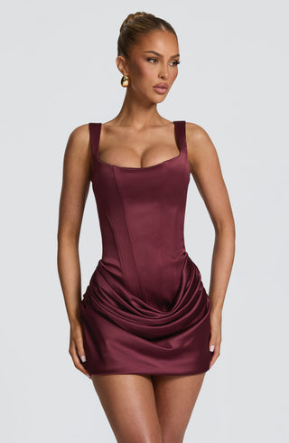 M.T Imogen Mini Dress Satin Corsetted Bodice Cherry Lacquer