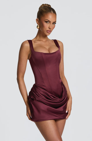 M.T Imogen Mini Dress Satin Corsetted Bodice Cherry Lacquer